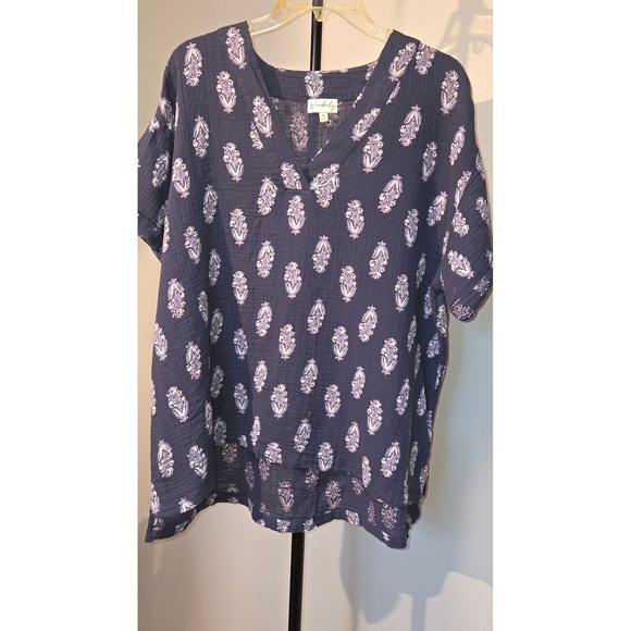 Wonderly Tops - Wonderly Navy Blue Floral Gauze V-Neck Blouse Top Plus Size 1X Boho Short Sleeve